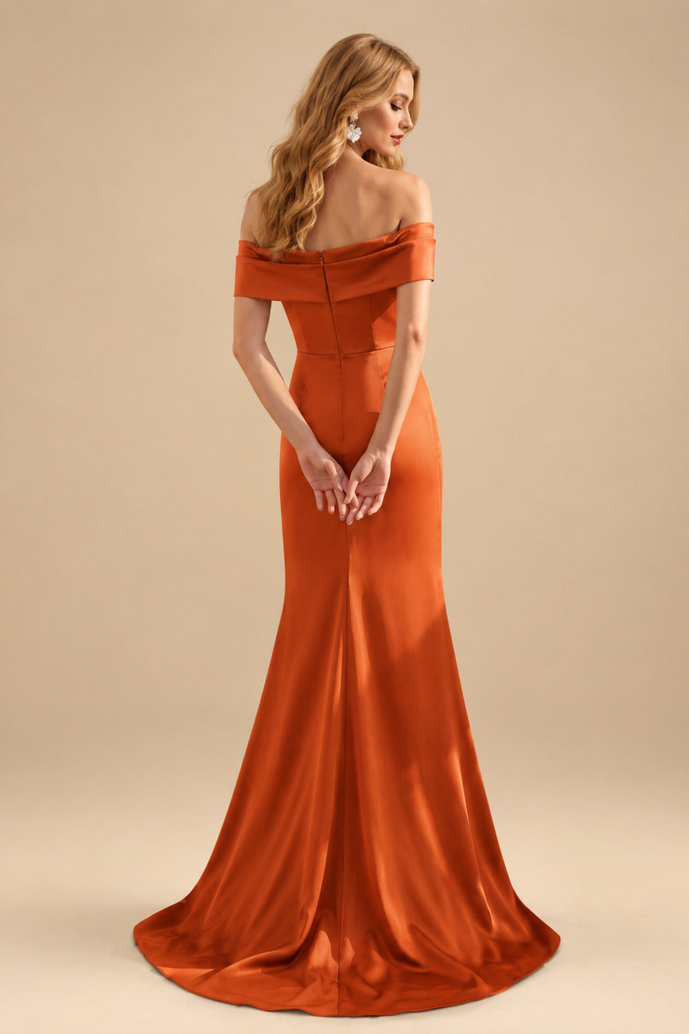 Rutipo Burnt Orange Seductive Bow Accented Waist Evening Dresses With Off-Shoulder Collar Draping