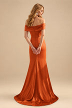 Rutipo Burnt Orange Seductive Bow Accented Waist Evening Dresses With Off-Shoulder Collar Draping