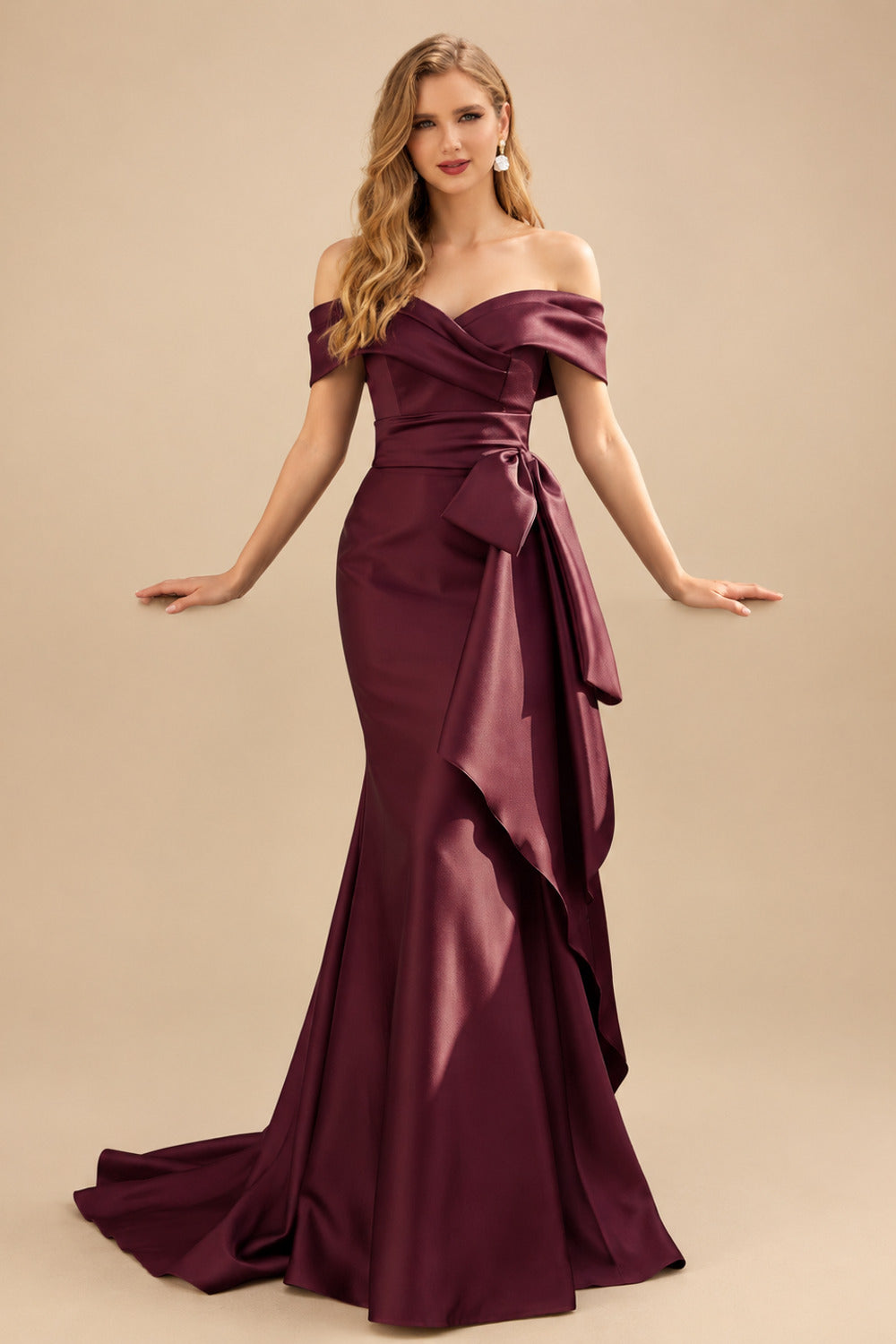Rutipo Cabernet Seductive Bow Accented Waist Evening Dresses With Off-Shoulder Collar Draping