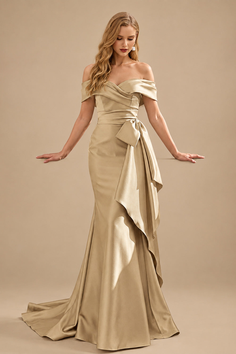 Rutipo Champagne Seductive Bow Accented Waist Evening Dresses With Off-Shoulder Collar Draping
