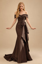 Rutipo Chocolate Seductive Bow Accented Waist Evening Dresses With Off-Shoulder Collar Draping