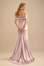 Rutipo Dusty Rose Seductive Bow Accented Waist Evening Dresses With Off-Shoulder Collar Draping