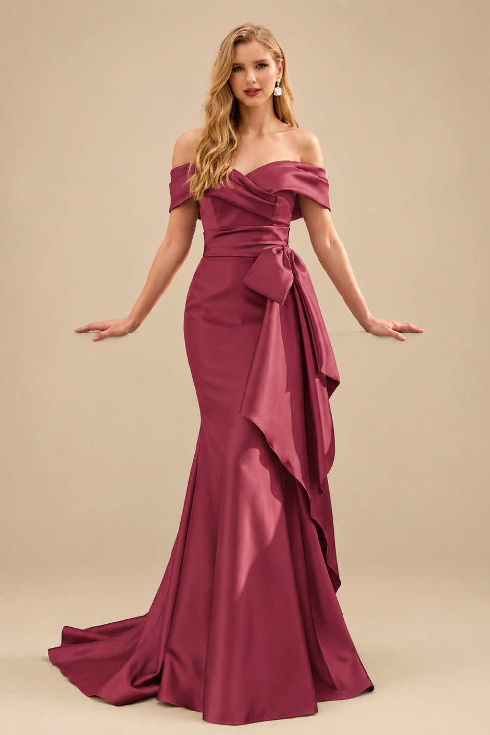 Rutipo Mulberry Seductive Bow Accented Waist Evening Dresses With Off-Shoulder Collar Draping