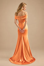 Rutipo Orange Seductive Bow Accented Waist Evening Dresses With Off-Shoulder Collar Draping