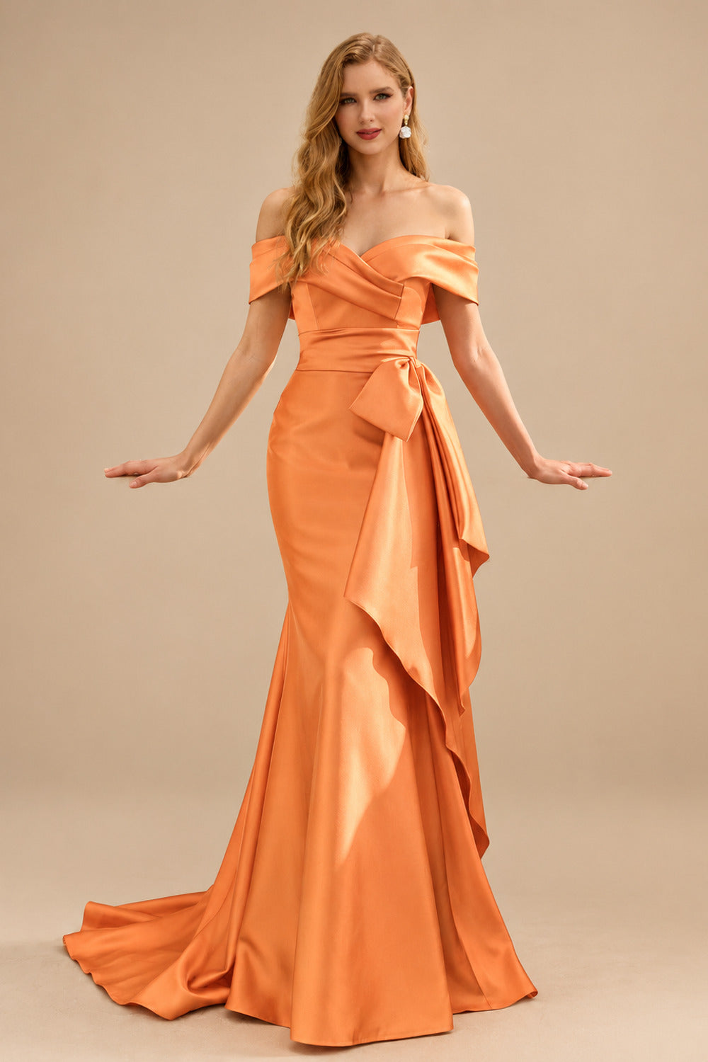 Rutipo Orange Seductive Bow Accented Waist Evening Dresses With Off-Shoulder Collar Draping