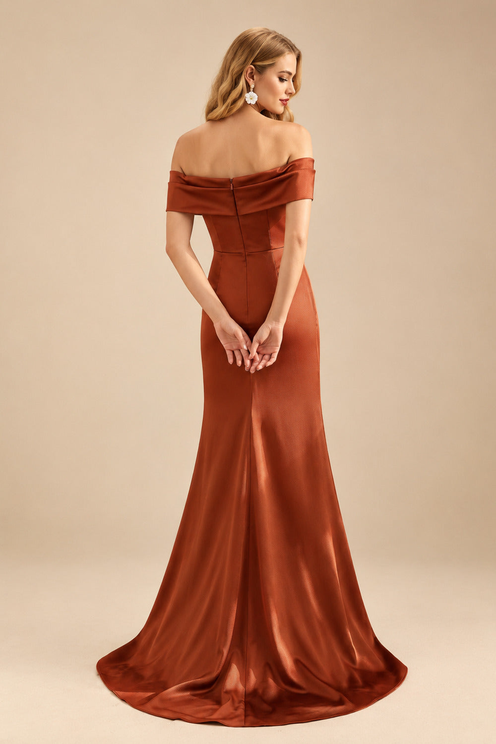Rutipo Terracotta Seductive Bow Accented Waist Evening Dresses With Off-Shoulder Collar Draping