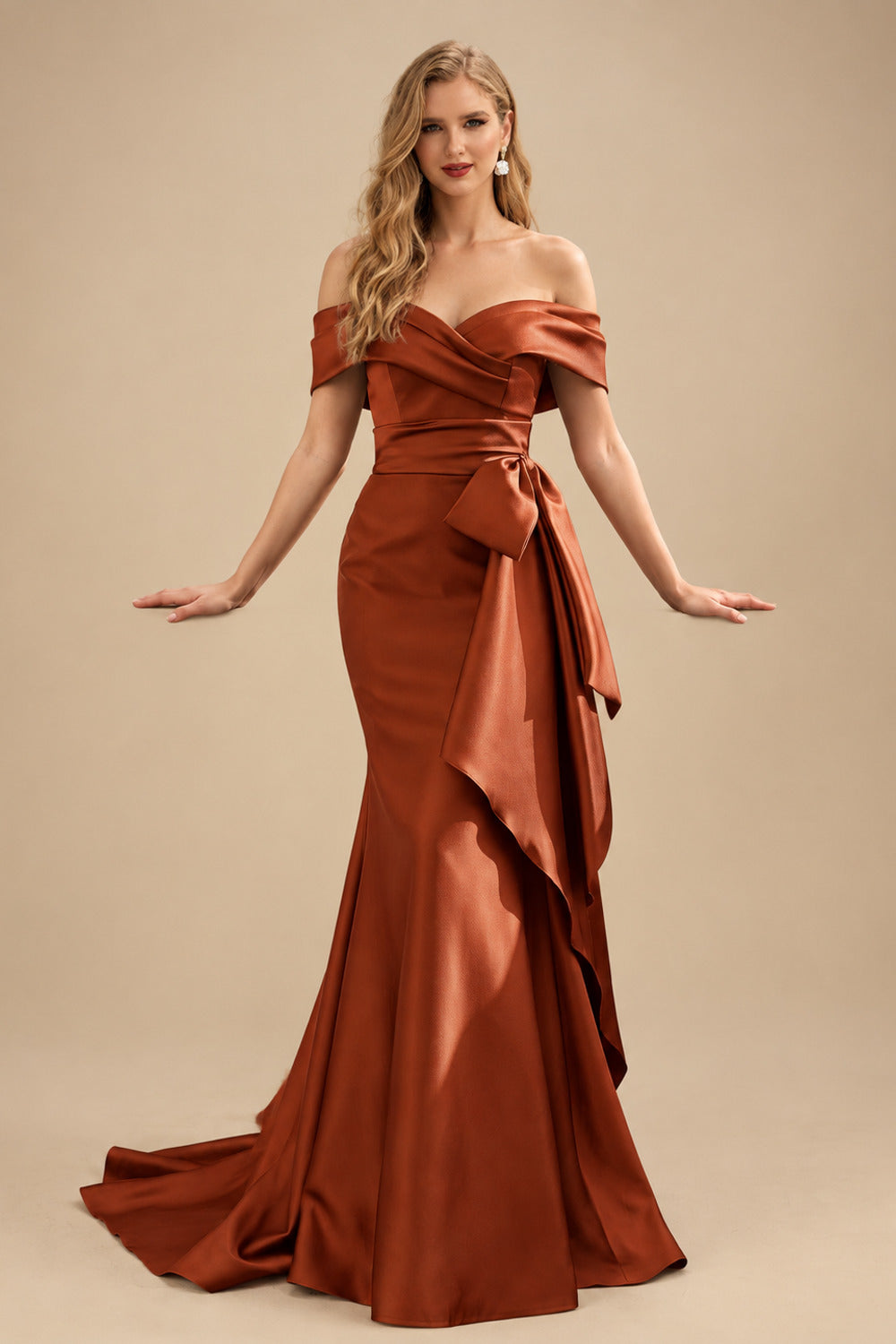 Rutipo Terracotta Seductive Bow Accented Waist Evening Dresses With Off-Shoulder Collar Draping