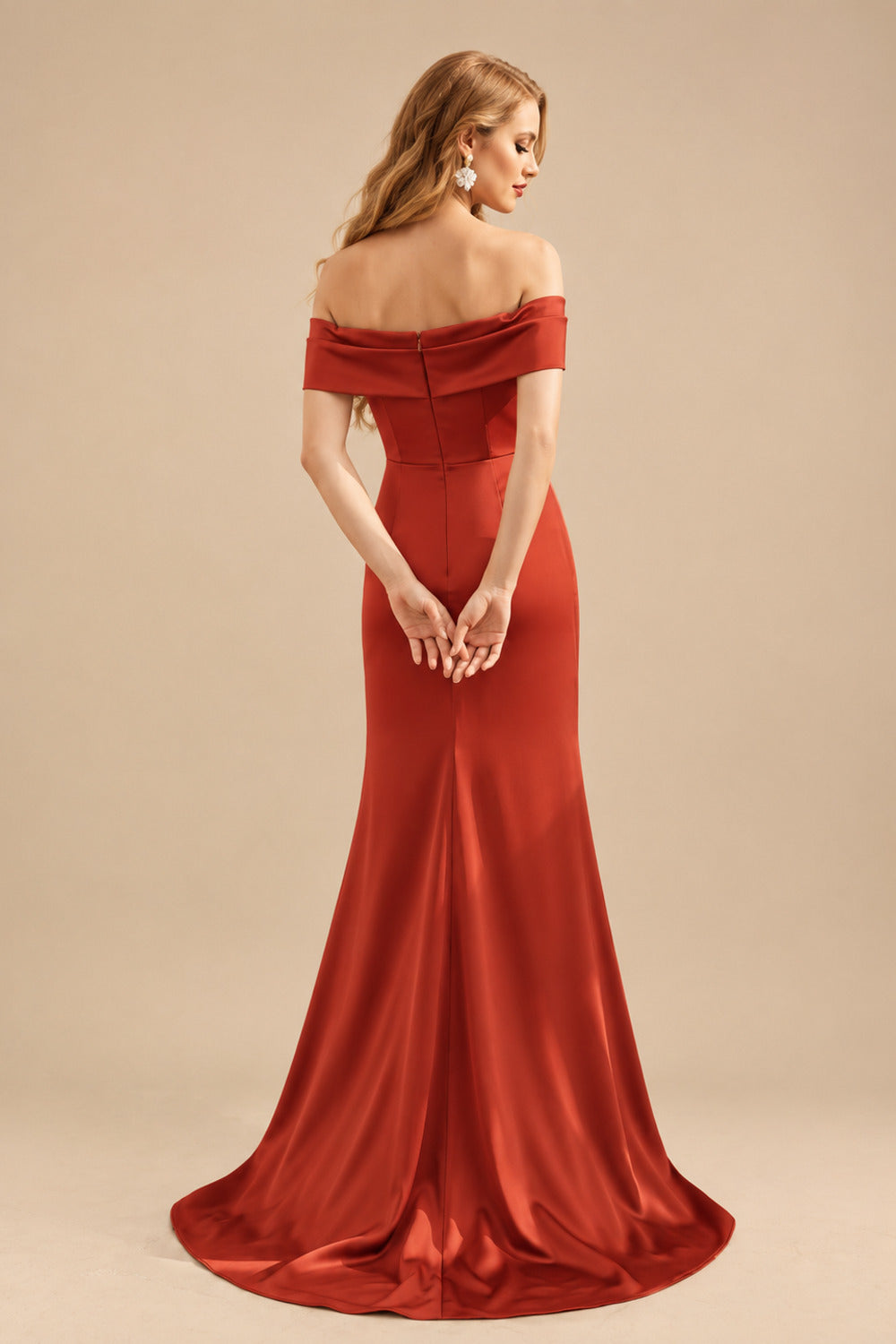 Rutipo Vermilion Seductive Bow Accented Waist Evening Dresses With Off-Shoulder Collar Draping