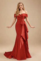 Rutipo Vermilion Seductive Bow Accented Waist Evening Dresses With Off-Shoulder Collar Draping