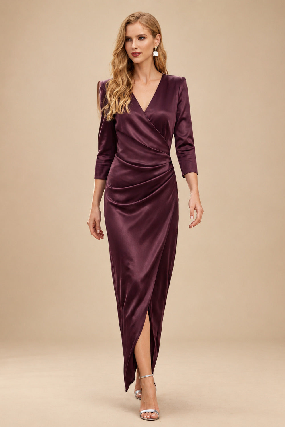 Rutipo Cabernet Elegant V-Neck Long Sleeves Asymmetrical Charmeuse Evening Dresses