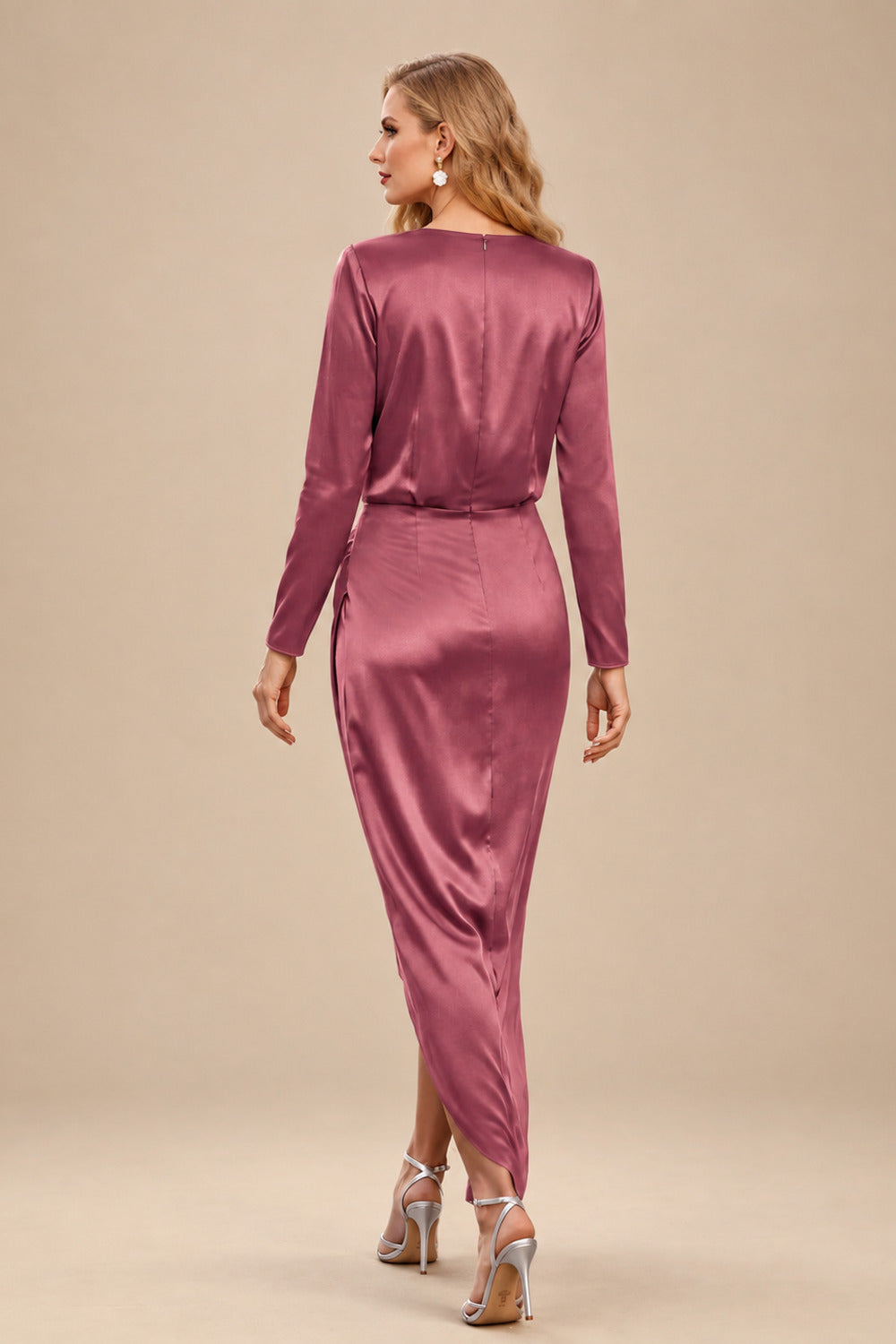 Rutipo Mulberry Elegant V-Neck Long Sleeves Asymmetrical Charmeuse Evening Dresses