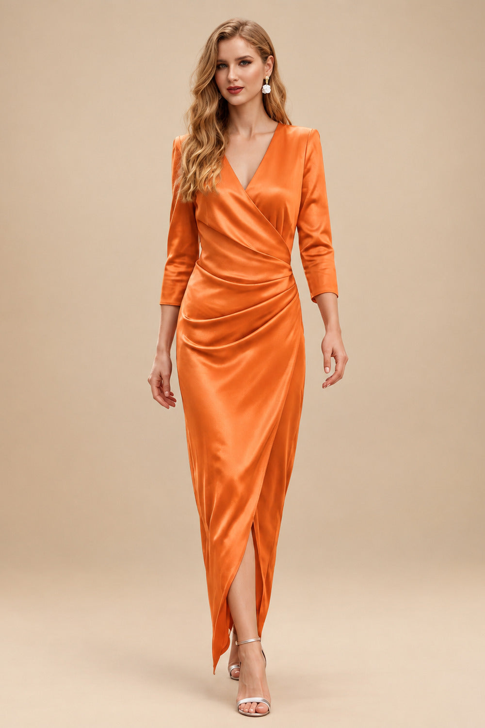 Rutipo Orange Elegant V-Neck Long Sleeves Asymmetrical Charmeuse Evening Dresses