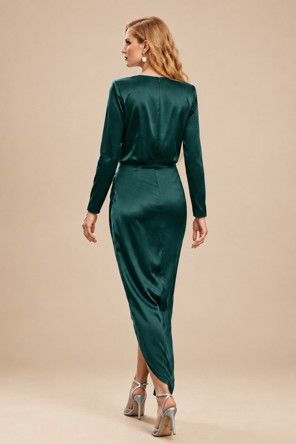 Rutipo Peacock Elegant V-Neck Long Sleeves Asymmetrical Charmeuse Evening Dresses