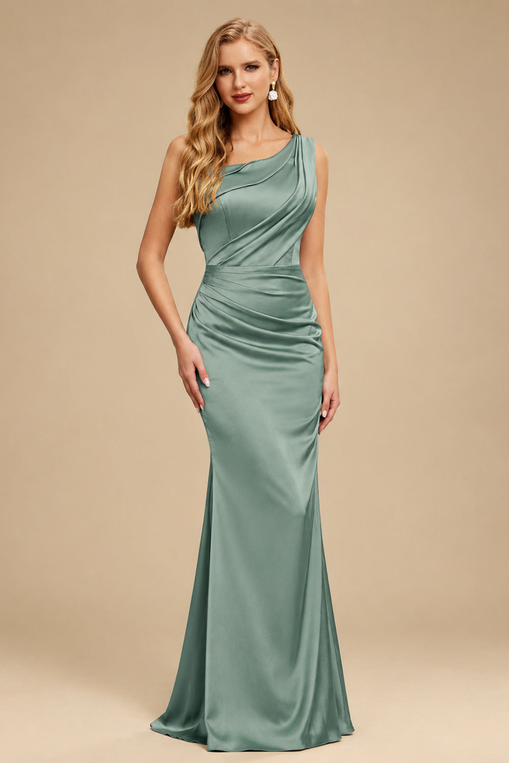Rutipo As Picture Sheath One-Shoulder Sleeveless Sweep Train Crepe Satin Evening Dresses