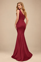 Rutipo Burgundy Sheath One-Shoulder Sleeveless Sweep Train Crepe Satin Evening Dresses