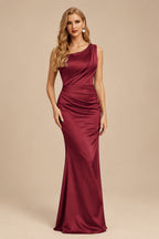 Rutipo Burgundy Sheath One-Shoulder Sleeveless Sweep Train Crepe Satin Evening Dresses