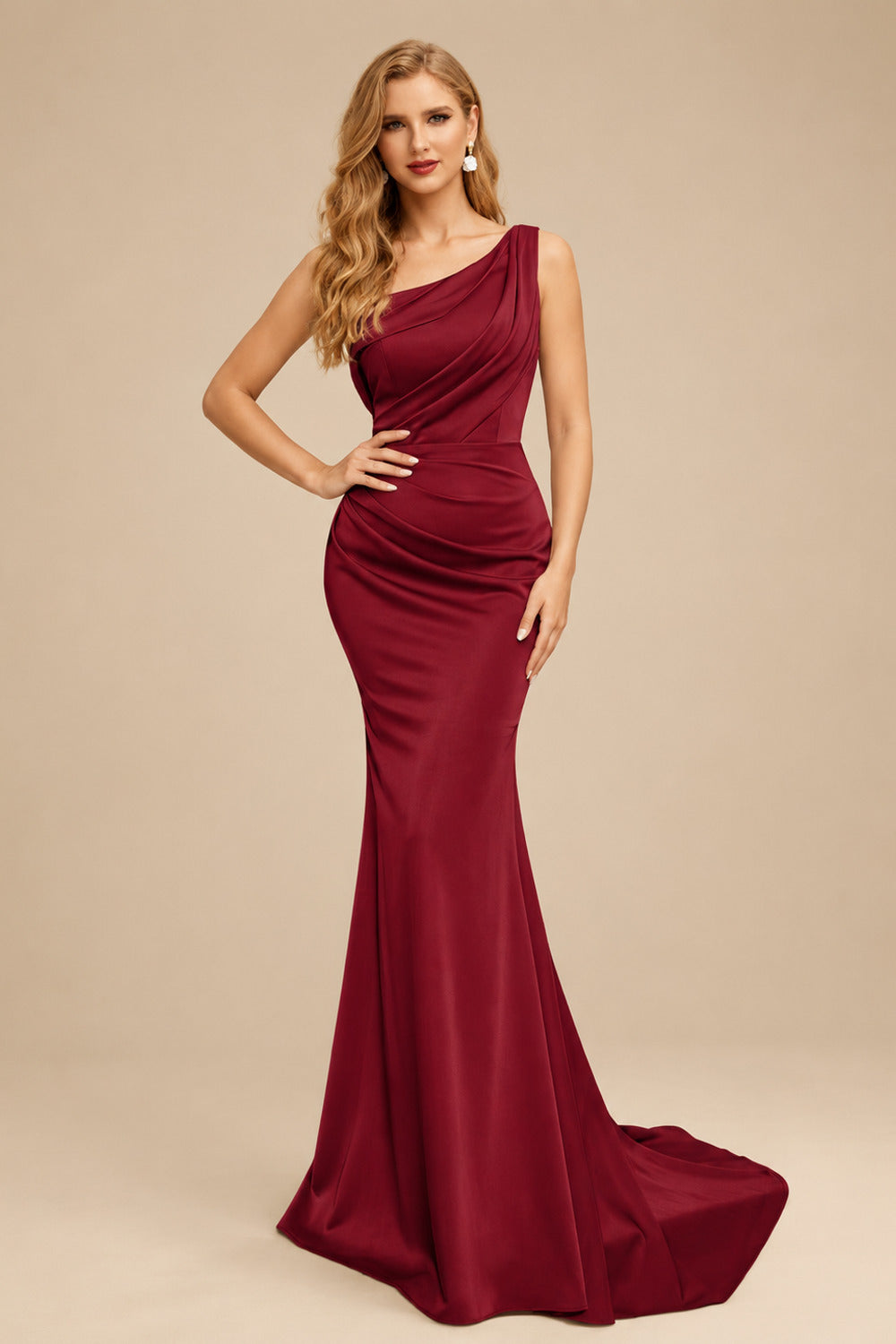 Rutipo Burgundy Sheath One-Shoulder Sleeveless Sweep Train Crepe Satin Evening Dresses