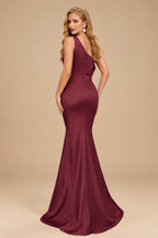 Rutipo Cabernet Sheath One-Shoulder Sleeveless Sweep Train Crepe Satin Evening Dresses