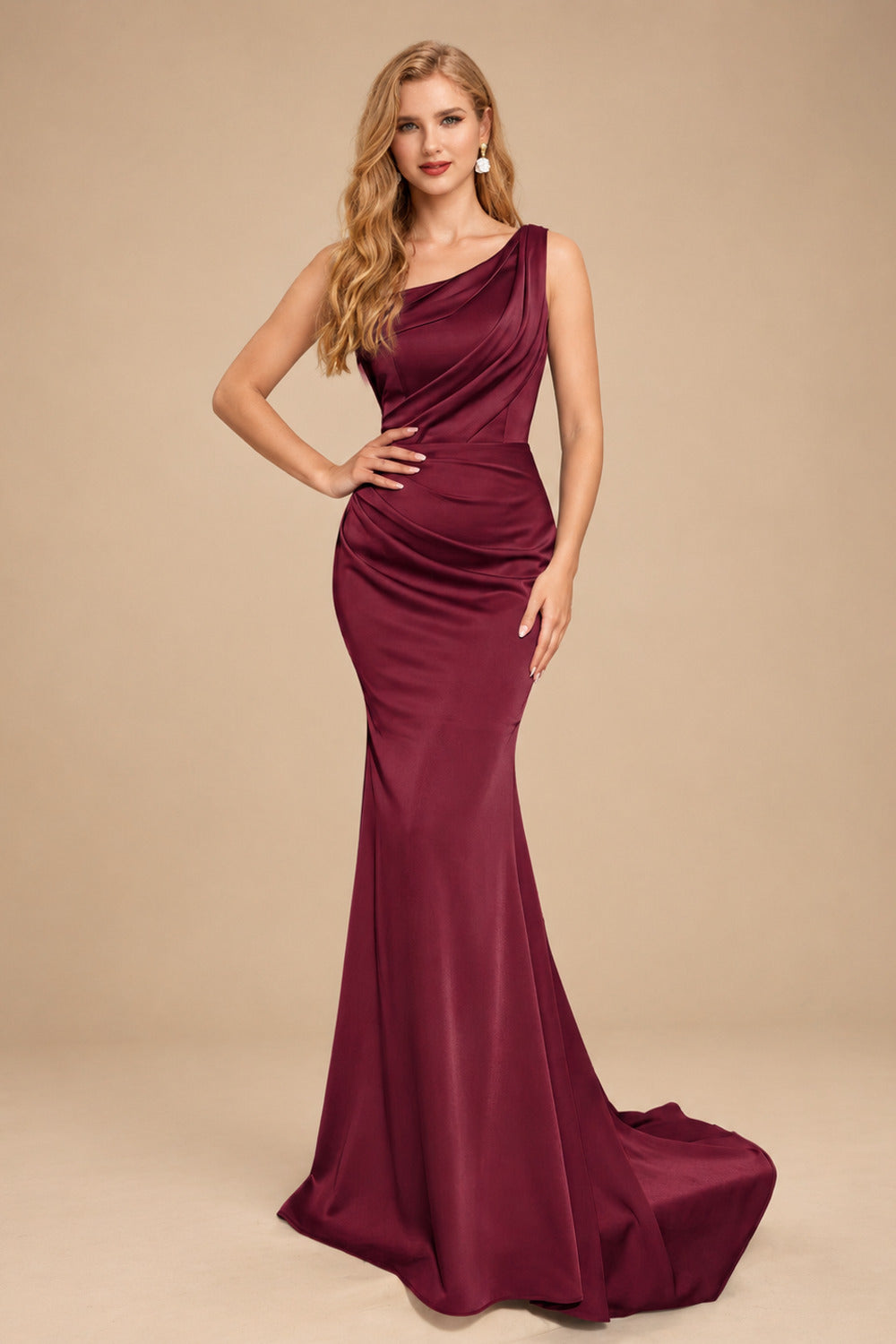 Rutipo Cabernet Sheath One-Shoulder Sleeveless Sweep Train Crepe Satin Evening Dresses
