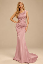 Rutipo Dusty Rose Sheath One-Shoulder Sleeveless Sweep Train Crepe Satin Evening Dresses