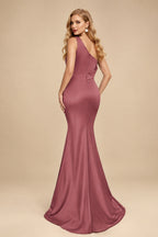 Rutipo Mulberry Sheath One-Shoulder Sleeveless Sweep Train Crepe Satin Evening Dresses