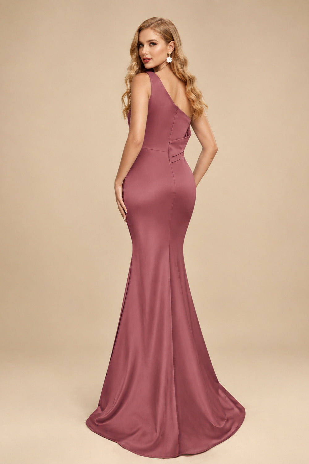 Rutipo Mulberry Sheath One-Shoulder Sleeveless Sweep Train Crepe Satin Evening Dresses