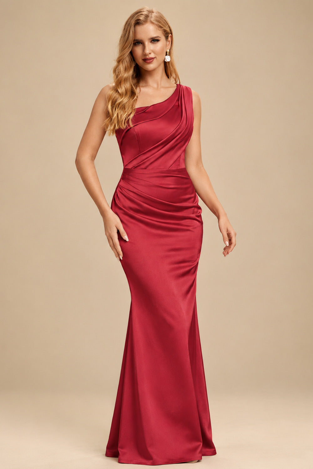 Rutipo Red Sheath One-Shoulder Sleeveless Sweep Train Crepe Satin Evening Dresses