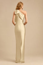 Rutipo Champagne Sheath/Column One-Shoulder Satin Evening Dresses With Bow(s)