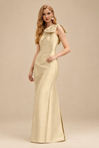 Rutipo Champagne Sheath/Column One-Shoulder Satin Evening Dresses With Bow(s)