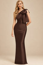 Rutipo Chocolate Sheath/Column One-Shoulder Satin Evening Dresses With Bow(s)
