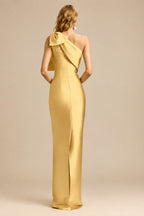Rutipo Gold Sheath/Column One-Shoulder Satin Evening Dresses With Bow(s)