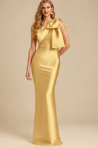 Rutipo Gold Sheath/Column One-Shoulder Satin Evening Dresses With Bow(s)