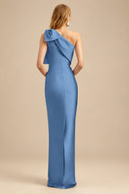 Rutipo Slate Blue Sheath/Column One-Shoulder Satin Evening Dresses With Bow(s)