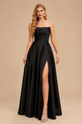 Rutipo Black Strapless A-Line Satin Slit Evening Dresses