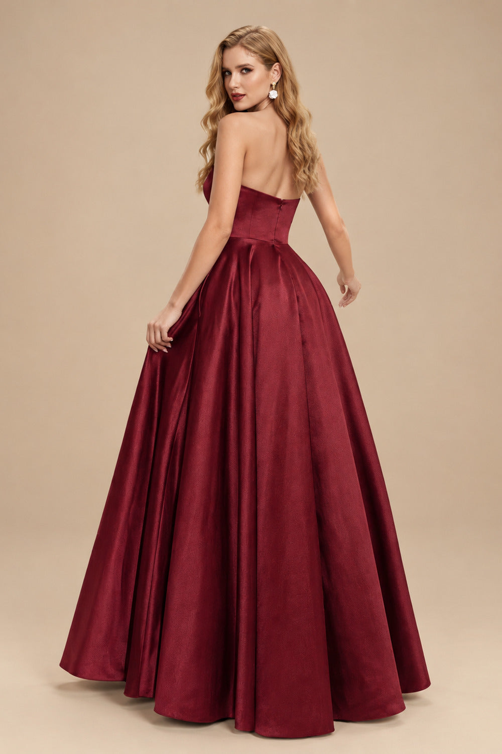 Rutipo Burgundy Strapless A-Line Satin Slit Evening Dresses