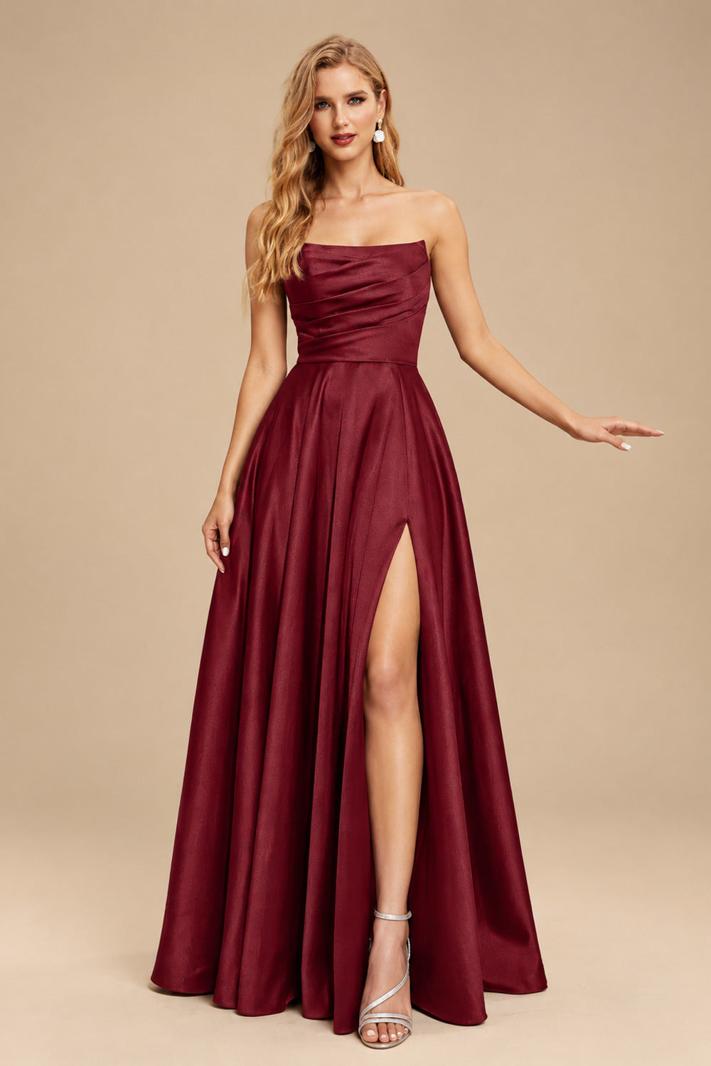 Rutipo Burgundy Strapless A-Line Satin Slit Evening Dresses