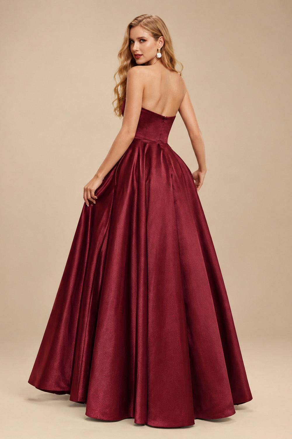 Rutipo Burgundy Strapless A-Line Satin Slit Evening Dresses