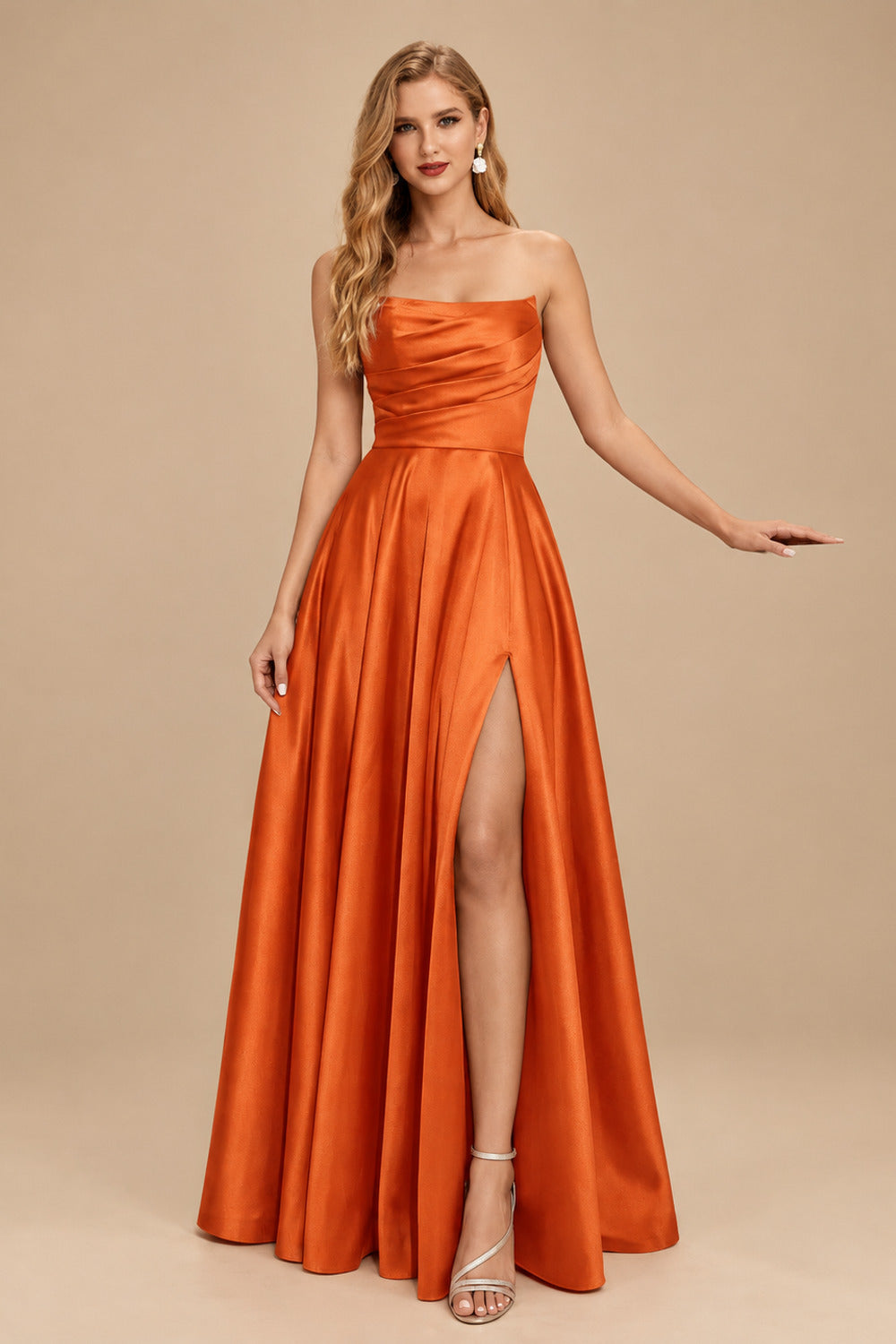 Rutipo Burnt Orange Strapless A-Line Satin Slit Evening Dresses