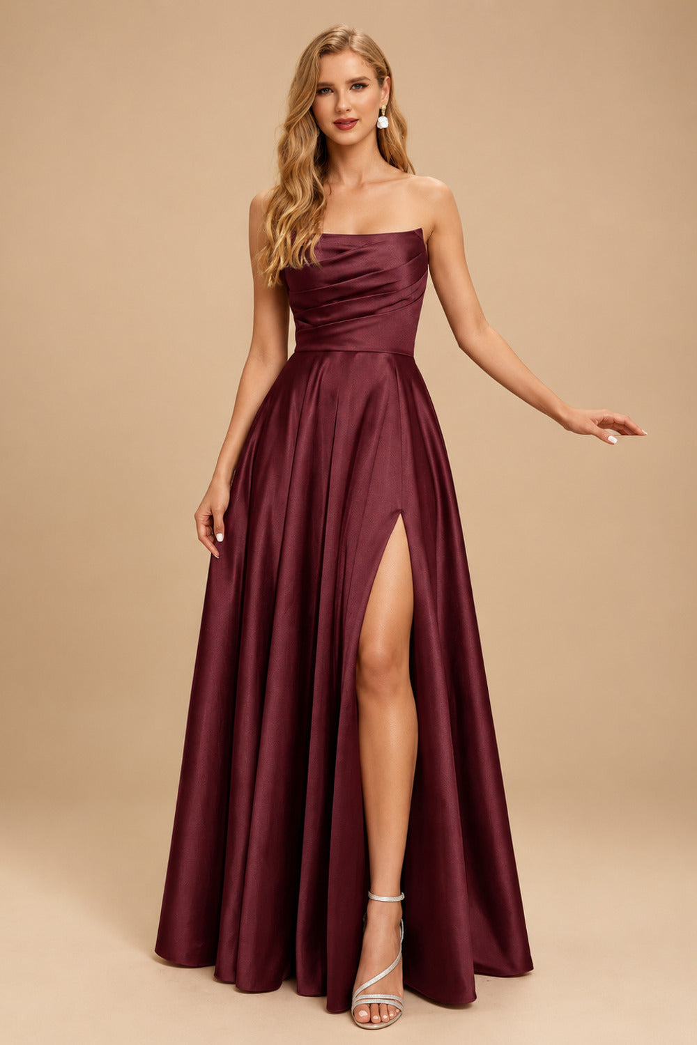 Rutipo Cabernet Strapless A-Line Satin Slit Evening Dresses