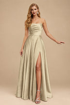 Rutipo Champagne Strapless A-Line Satin Slit Evening Dresses