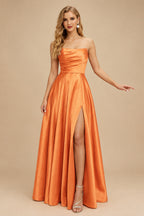 Rutipo Orange Strapless A-Line Satin Slit Evening Dresses