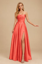 Rutipo Papaya Strapless A-Line Satin Slit Evening Dresses