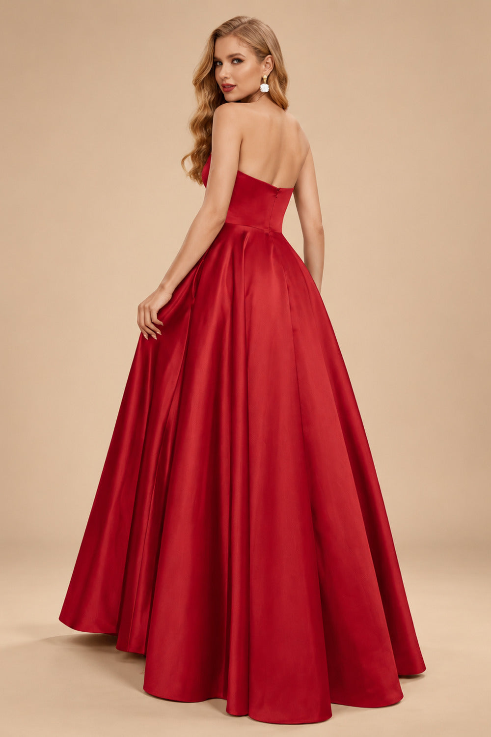 Rutipo Red Strapless A-Line Satin Slit Evening Dresses