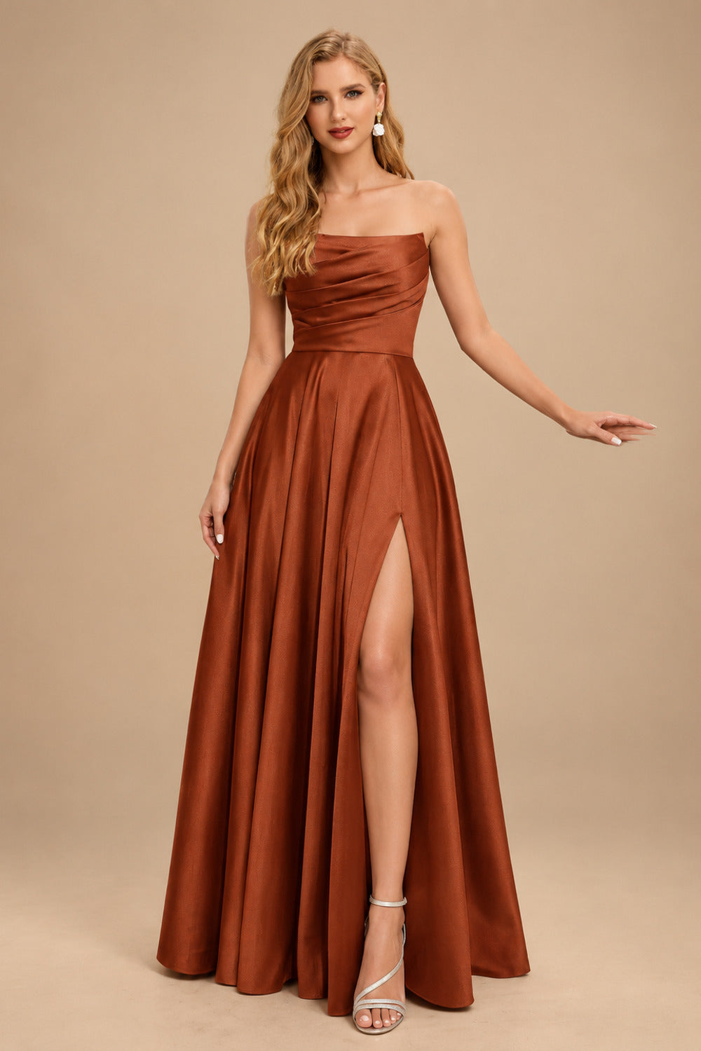 Rutipo Terracotta Strapless A-Line Satin Slit Evening Dresses