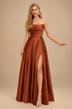 Rutipo Terracotta Strapless A-Line Satin Slit Evening Dresses