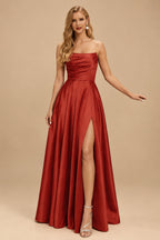 Rutipo Vermilion Strapless A-Line Satin Slit Evening Dresses