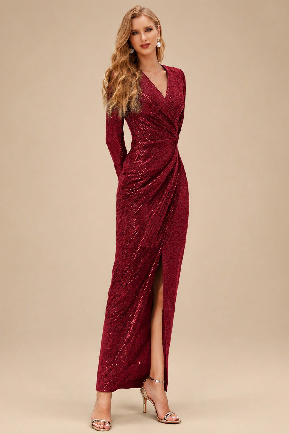 Rutipo Burgundy Sheath/Column V-Neck Long Sleeves Ankle-Length Sequined Evening Dresses