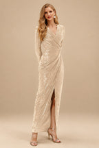 Rutipo Champagne Sheath/Column V-Neck Long Sleeves Ankle-Length Sequined Evening Dresses