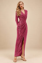 Rutipo Cinnamon Rose Sheath/Column V-Neck Long Sleeves Ankle-Length Sequined Evening Dresses