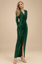 Rutipo Dark Green Sheath/Column V-Neck Long Sleeves Ankle-Length Sequined Evening Dresses